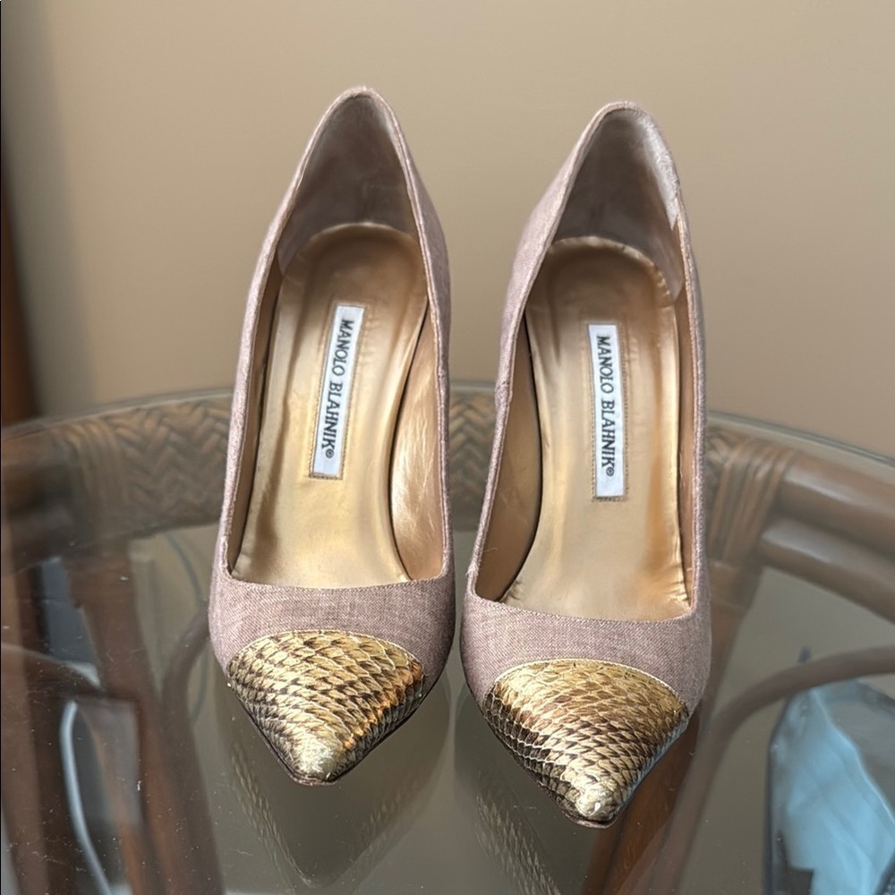 Manolo Blahnik Gold and Tan Pointed Toe Heels